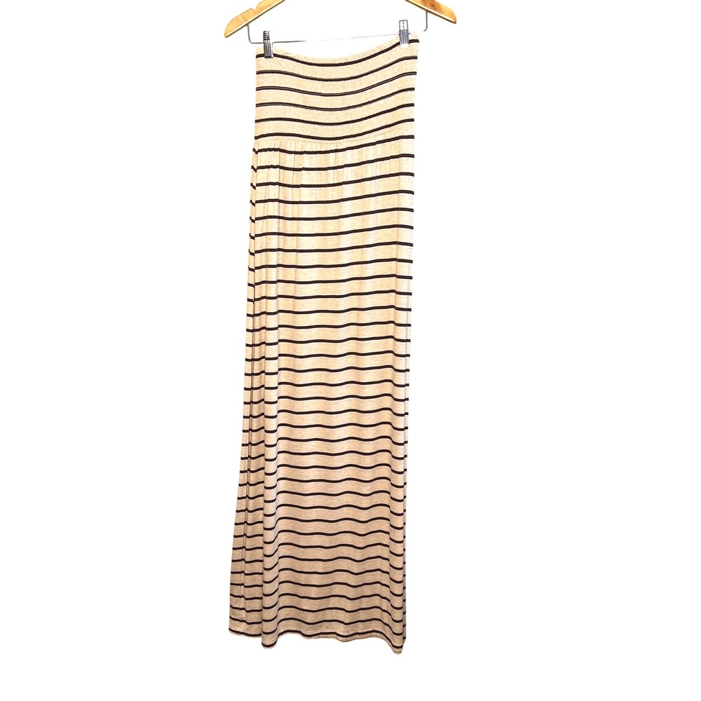 Zenana Striped Maxi Dress Smocked Cream Brown Boho Festival Beach Vacation Med